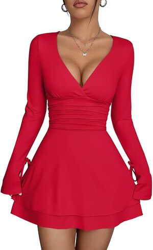 XXTAXN Women's Sexy Wrap V Neck Long Sleeve Flowy Hem A Line Ruched Waist Corest Mini Dress in Saudi Arabia