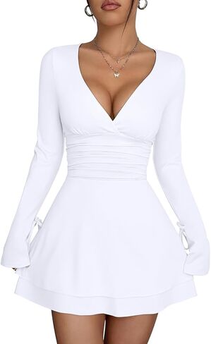 XXTAXN Women's Sexy Wrap V Neck Long Sleeve Flowy Hem A Line Ruched Waist Corest Mini Dress in Saudi Arabia