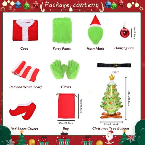 Green Monster Costumes Adult, 11PCS Christmas Furry Santa Suit for Men Halloween Xmas Cosplay Outfit Mask Hat in Saudi Arabia