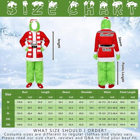 Green Monster Costumes Adult, 11PCS Christmas Furry Santa Suit for Men Halloween Xmas Cosplay Outfit Mask Hat in Saudi Arabia