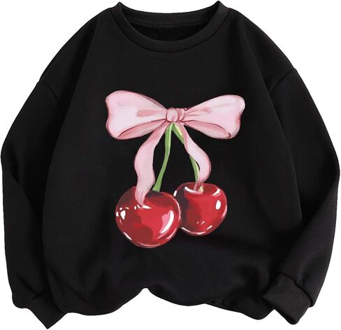 WDIRARA Girl's Cherry Bow Graphic Sweatshirts Crew Neck Long Sleeve Cute Pullover Tops in Saudi Arabia