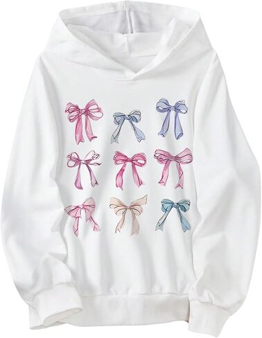 SweatyRocks Girl's Bow Hoodie Long Sleeve Graphic Print Hooded Sweatshirt Cute Pullover Tops in Saudi Arabia
