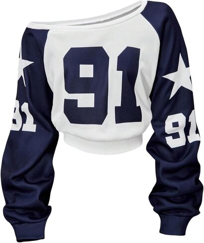 OYOANGLE Girl's Number Star Graphic Off the Shoulder Sweatshirts Y2K Tight Hem Pullover Tops in Saudi Arabia