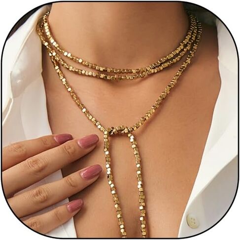 Gold Long Necklace for Women,Gold Beaded Long Chain Necklaces,Vintage Layered Pearl Strand Y Necklace Statement Jewelry in Saudi Arabia
