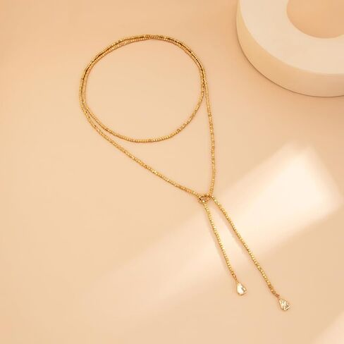 Gold Long Necklace for Women,Gold Beaded Long Chain Necklaces,Vintage Layered Pearl Strand Y Necklace Statement Jewelry in Saudi Arabia
