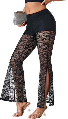 Rooscier Women's Floral Lace Sheer Slit High Waist Flared Sexy Maxi Pants with Under Shorts in Saudi Arabia