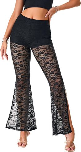 Rooscier Women's Floral Lace Sheer Slit High Waist Flared Sexy Maxi Pants with Under Shorts in Saudi Arabia