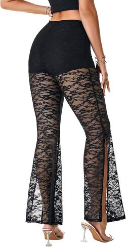 Rooscier Women's Floral Lace Sheer Slit High Waist Flared Sexy Maxi Pants with Under Shorts in Saudi Arabia