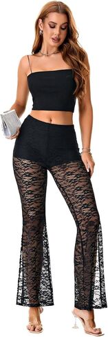 Rooscier Women's Floral Lace Sheer Slit High Waist Flared Sexy Maxi Pants with Under Shorts in Saudi Arabia