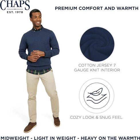 سترة رجالية كلاسيكية ذات أكمام طويلة من القطن جيرسي متوسطة الوزن بياقة دائرية (S-XXL) من Chaps in Kuwait