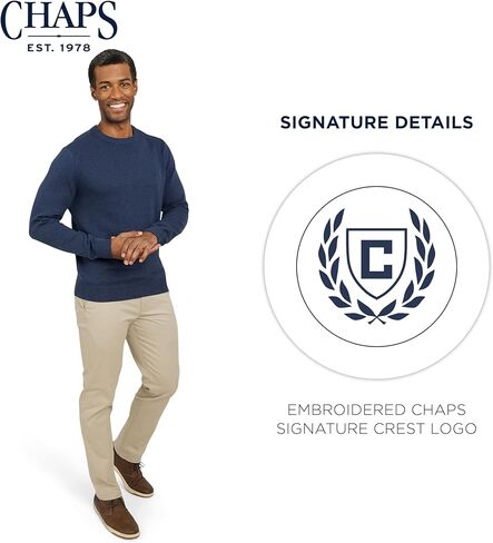 سترة رجالية كلاسيكية ذات أكمام طويلة من القطن جيرسي متوسطة الوزن بياقة دائرية (S-XXL) من Chaps in Kuwait