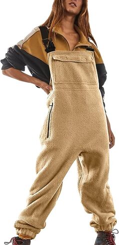 Womens Winter Fleece Overalls One-piece Adjustable Suspender Straps Jumpsuits Warm Casual Fuzzy Ski Pants in Saudi Arabia