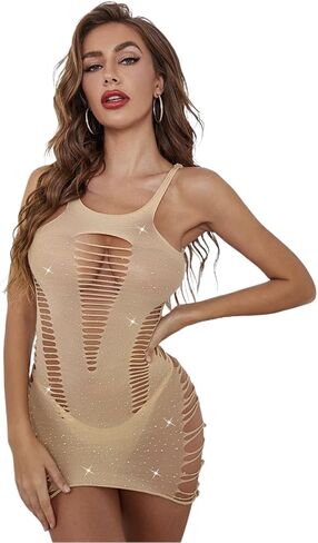 Womens Sparkle Rhinestone Teddy Dress Fishnet Bodysuit Chemise Babydoll One Piece Mini Dress Underwear in Saudi Arabia
