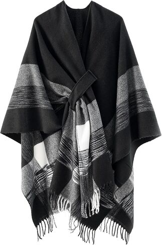 سترة YnimioAOX النسائية شال بونشو ملفوفة ناعمة ومتماسكة من الأمام منقوشة مع شرابات لخريف وشتاء in Kuwait