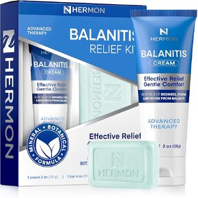مجموعة علاج التهاب الحشفة للرجال من هيرمون: كريم مهدئ 2 أونصة وصابون تنظيف كلوتريمازول 1% 4 أونصة - يساعد على تخفيف الاحمرار والحكة والتهيج - رعاية لطيفة للمناطق الحساسة in Kuwait