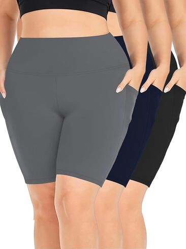 Plus Size Sports Shorts 3 Piece Set, Women's Plus Solid Color Side Pocket High Stretch Shorts Set in Saudi Arabia