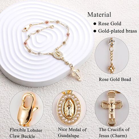 Gold Plated Beads Catholic Guadalupe Car Rearview Mirror Rosary Hanging Charm Chain for Women with Gift Box in Saudi Arabia