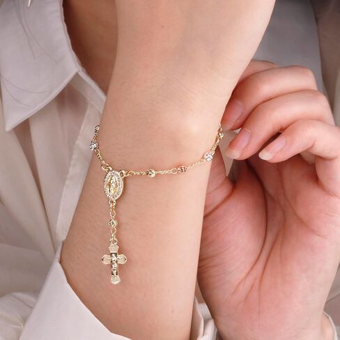 Gold Plated Beads Catholic Guadalupe Car Rearview Mirror Rosary Hanging Charm Chain for Women with Gift Box in Saudi Arabia