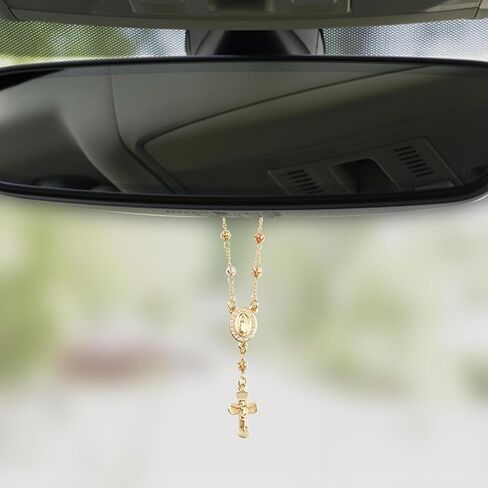Gold Plated Beads Catholic Guadalupe Car Rearview Mirror Rosary Hanging Charm Chain for Women with Gift Box in Saudi Arabia