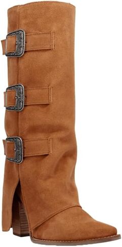 Dingo Womens Buckle Bunny Suede Leather Casual Boots Over the Knee Mid Heel 2-3" - Beige in Saudi Arabia