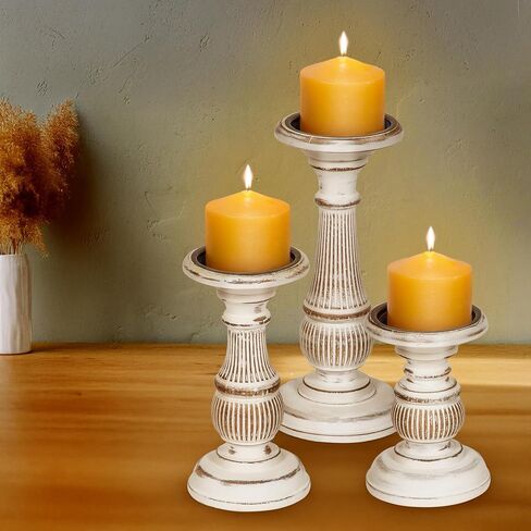 DEVLA Candle Holder for Pillar Candle Set of 3, Farmhouse Wood Candle Holder, Rustic Wooden Candle Stand, Vintage Small,Medium and Large Wooden Candlestick Holders. in Saudi Arabia