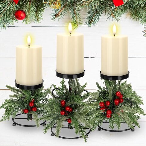 Yunlly Set of 3 Christmas Candle Holder Centerpiece with 3 Candle LED Battery Operated Norfolk Pine Needle Artificial Xmas Table Decorations Base Candelabrum for Dining Room Mantle Kitchen Indoor Home in Saudi Arabia