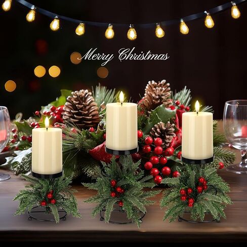 Yunlly Set of 3 Christmas Candle Holder Centerpiece with 3 Candle LED Battery Operated Norfolk Pine Needle Artificial Xmas Table Decorations Base Candelabrum for Dining Room Mantle Kitchen Indoor Home in Saudi Arabia