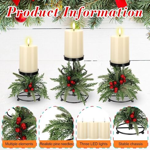 Yunlly Set of 3 Christmas Candle Holder Centerpiece with 3 Candle LED Battery Operated Norfolk Pine Needle Artificial Xmas Table Decorations Base Candelabrum for Dining Room Mantle Kitchen Indoor Home in Saudi Arabia
