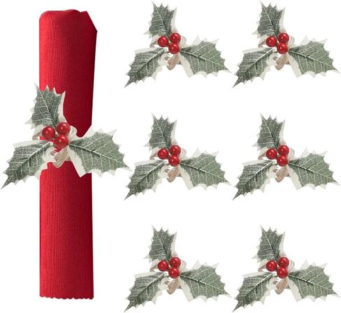 مجموعة حلقات مناديل التوت الأحمر لعيد الميلاد مكونة من 6 قطع، حامل مناديل قماش لإعداد الطاولة، حلقات منديل كوز الصنوبر في المزرعة الريفية مع التوت والديكور لتتناسب مع طاولة طعام العشاء في العطلات (أحمر وأخضر، 1.4 بوصة) in Kuwait