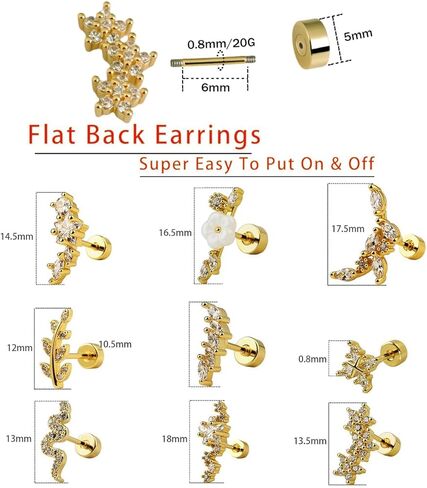 القرط الذهبي كومة الأقراط المسطحة الظهر هيبوالرجينيك بوهو الحلزون القرط الزنمة محارة ثقب المجوهرات مجموعة القرط الذهب ثعبان زهرة ورقة نجمة أقراط الفولاذ الجراحية 14 ك أقراط الذهب للنساء in Kuwait