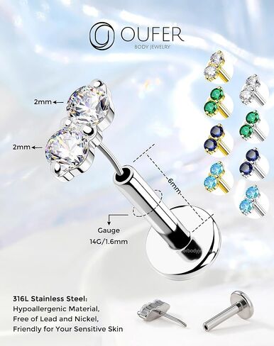 OUFER مسمار مسطح خلفي بدون خيوط 16 جرام 18 جرام، 316L الفولاذ المقاوم للصدأ دفع دبوس تشيكوسلوفاكيا مسمار القرط، 6 مم 8 مم عمود للغضروف Tragus Helix Conch Lip in Kuwait