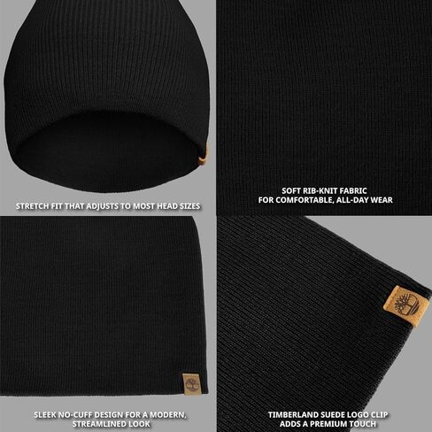 Timberland Men’s Ribbed Pull-On No Cuff Beanie - Soft Rib Knit Winter Hat, Stretch Fit, Warm Classic Look, Suede Logo Clip in Saudi Arabia
