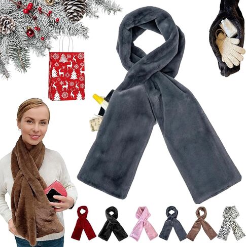 وشاح من الفرو الصناعي مع جيب بسحاب مخفي، وشاح جيب دافئ وناعم لتخزين الهاتف والبطاقات والمفاتيح بدون استخدام اليدين in Kuwait