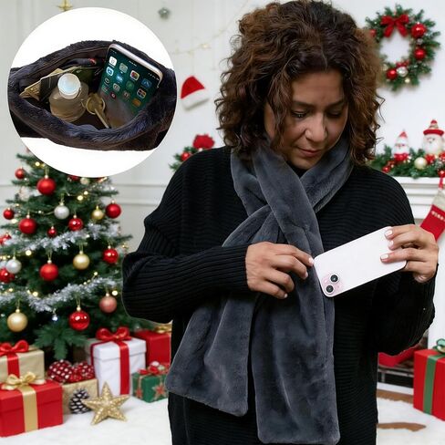 وشاح من الفرو الصناعي مع جيب بسحاب مخفي، وشاح جيب دافئ وناعم لتخزين الهاتف والبطاقات والمفاتيح بدون استخدام اليدين in Kuwait