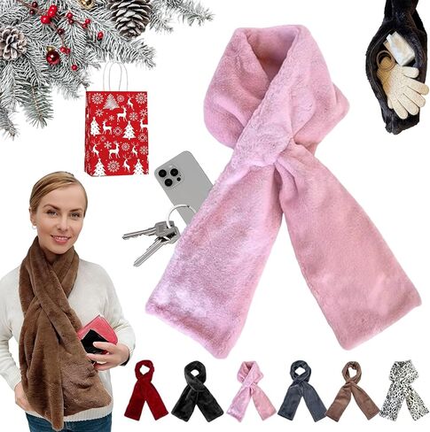 وشاح من الفرو الصناعي مع جيب بسحاب مخفي، وشاح جيب دافئ وناعم لتخزين الهاتف والبطاقات والمفاتيح بدون استخدام اليدين in Kuwait