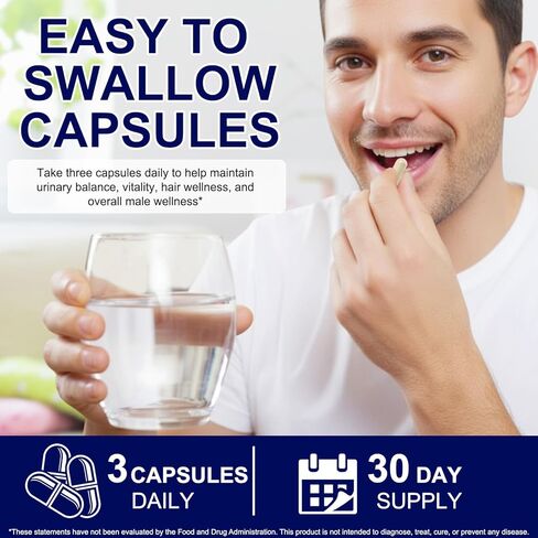 مكمل لصحة البروستاتا للرجال - البلميط المنشاري، نبات القراص اللاذع، وبيتا سيتوستيرول لتدفق البول ودعم البروستاتا، 90 كبسولة نباتية (كمية تكفي لمدة شهر) in Kuwait