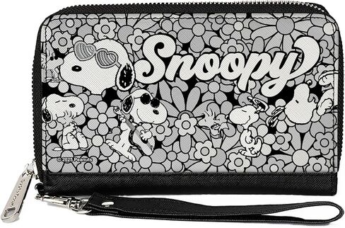 Buckle-Down Peanuts Wallet, Zip Around, Snoopy Poses and Daisy Flowers Collage Black Grays White, Vegan Leather in Saudi Arabia
