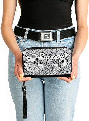 Buckle-Down Peanuts Wallet, Zip Around, Snoopy Poses and Daisy Flowers Collage Black Grays White, Vegan Leather in Saudi Arabia