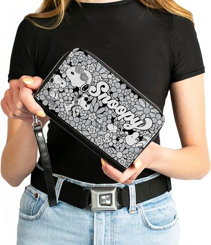 Buckle-Down Peanuts Wallet, Zip Around, Snoopy Poses and Daisy Flowers Collage Black Grays White, Vegan Leather in Saudi Arabia