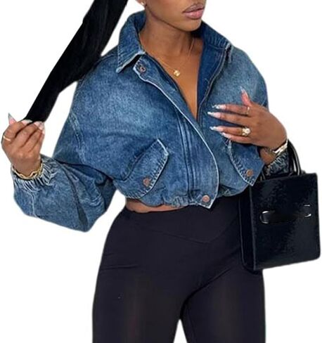 Molilove Cropped Jean Jackets for Women Long Sleeve Lapel Neck Zipper Up Varsity Jackets Denim Bomber Coats with Pockets in Saudi Arabia