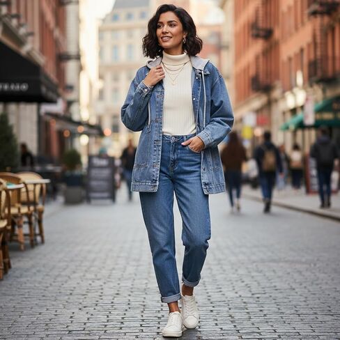 سترة نسائية من الدنيم مع غطاء رأس قابل للفصل، مقاس كبير وأكمام طويلة، معاطف كاجوال بأزرار سفلية in Kuwait