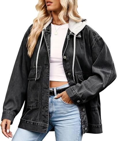 سترة نسائية من الدنيم مع غطاء رأس قابل للفصل، مقاس كبير وأكمام طويلة، معاطف كاجوال بأزرار سفلية in Kuwait