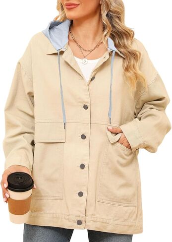 سترة نسائية من الدنيم مع غطاء رأس قابل للفصل، مقاس كبير وأكمام طويلة، معاطف كاجوال بأزرار سفلية in Kuwait