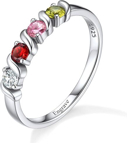 Custom4U خاتم الأمهات شخصية مع 1-5 أسماء جوهرة محفورة 925 الفضة الاسترليني / 14K الذهب الأبيض مطلي خواتم جوهرة للنساء وعد خاتم عيد ميلاد هدايا مجوهرات لأمي الجدة زوجة in Kuwait