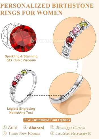 Custom4U خاتم الأمهات شخصية مع 1-5 أسماء جوهرة محفورة 925 الفضة الاسترليني / 14K الذهب الأبيض مطلي خواتم جوهرة للنساء وعد خاتم عيد ميلاد هدايا مجوهرات لأمي الجدة زوجة in Kuwait