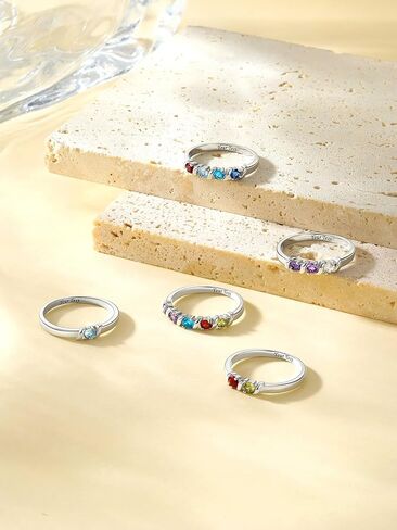 Custom4U خاتم الأمهات شخصية مع 1-5 أسماء جوهرة محفورة 925 الفضة الاسترليني / 14K الذهب الأبيض مطلي خواتم جوهرة للنساء وعد خاتم عيد ميلاد هدايا مجوهرات لأمي الجدة زوجة in Kuwait