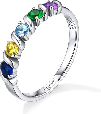 Custom4U خاتم الأمهات شخصية مع 1-5 أسماء جوهرة محفورة 925 الفضة الاسترليني / 14K الذهب الأبيض مطلي خواتم جوهرة للنساء وعد خاتم عيد ميلاد هدايا مجوهرات لأمي الجدة زوجة in Kuwait
