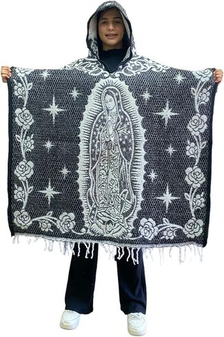 BLACK & WHITE , HOODED ADULT PONCHO , OUR LADY OF GUADALUPE , VIRGEN DE GUADALUPE , GUADALUPANA , GABAN , MEXICO , HOODED PONCHO , PONCHO WITH HOOD , MADE IN MEXICO , PONCHO , SOFT PONCHO in Saudi Arabia