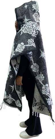 BLACK & WHITE , HOODED ADULT PONCHO , OUR LADY OF GUADALUPE , VIRGEN DE GUADALUPE , GUADALUPANA , GABAN , MEXICO , HOODED PONCHO , PONCHO WITH HOOD , MADE IN MEXICO , PONCHO , SOFT PONCHO in Saudi Arabia