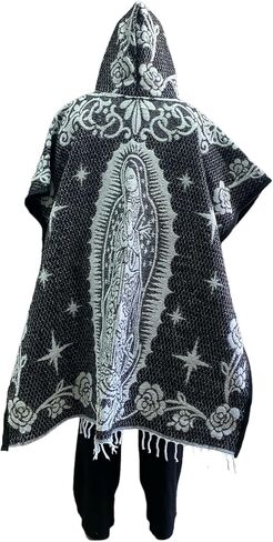 BLACK & WHITE , HOODED ADULT PONCHO , OUR LADY OF GUADALUPE , VIRGEN DE GUADALUPE , GUADALUPANA , GABAN , MEXICO , HOODED PONCHO , PONCHO WITH HOOD , MADE IN MEXICO , PONCHO , SOFT PONCHO in Saudi Arabia
